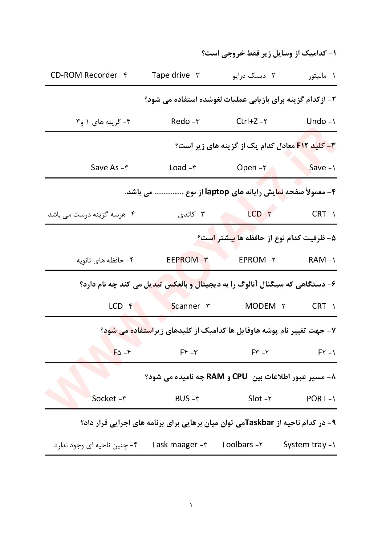دانلود 1035 نمونه سوال کاربر رایانه