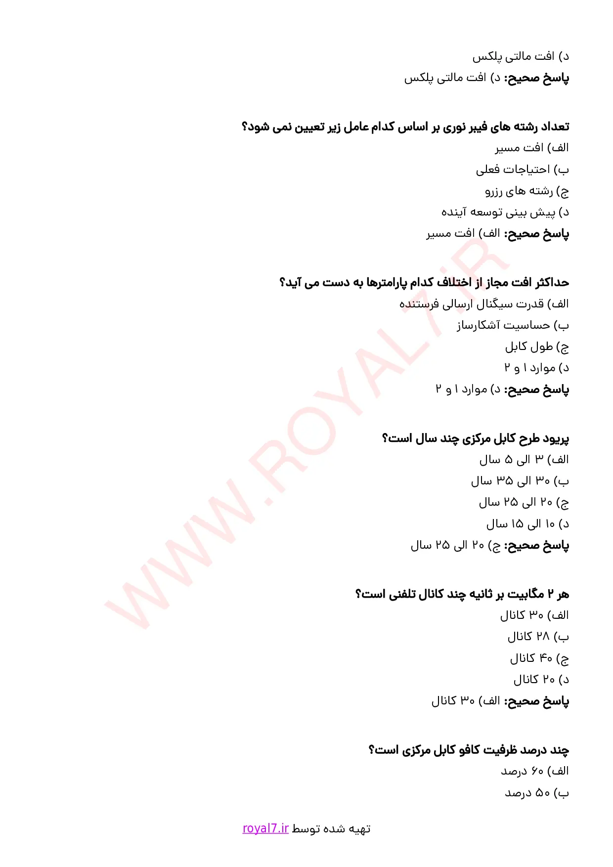 نمونه سوالات طراح شبکه های فیبر نوری  با جواب