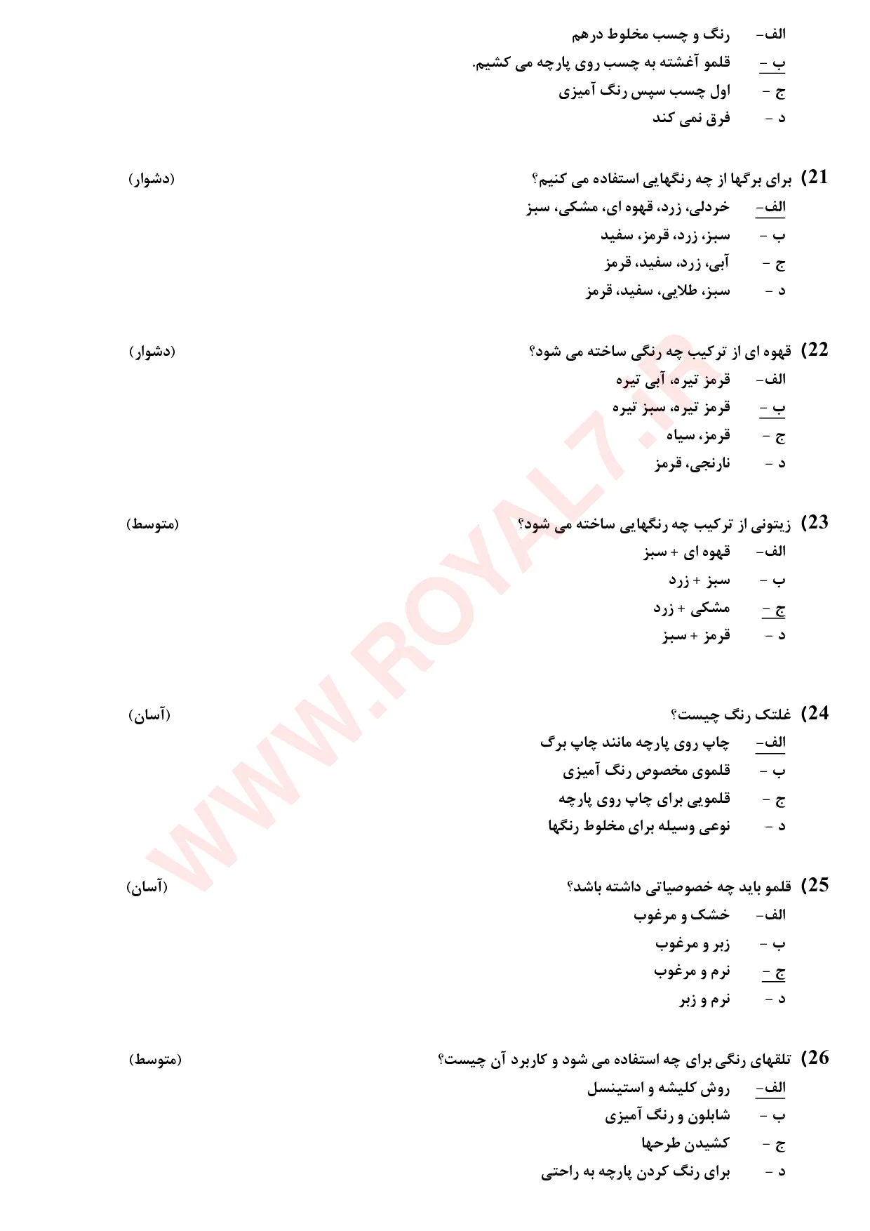 نمونه سوالات نقاشی روی پارچه  با جواب