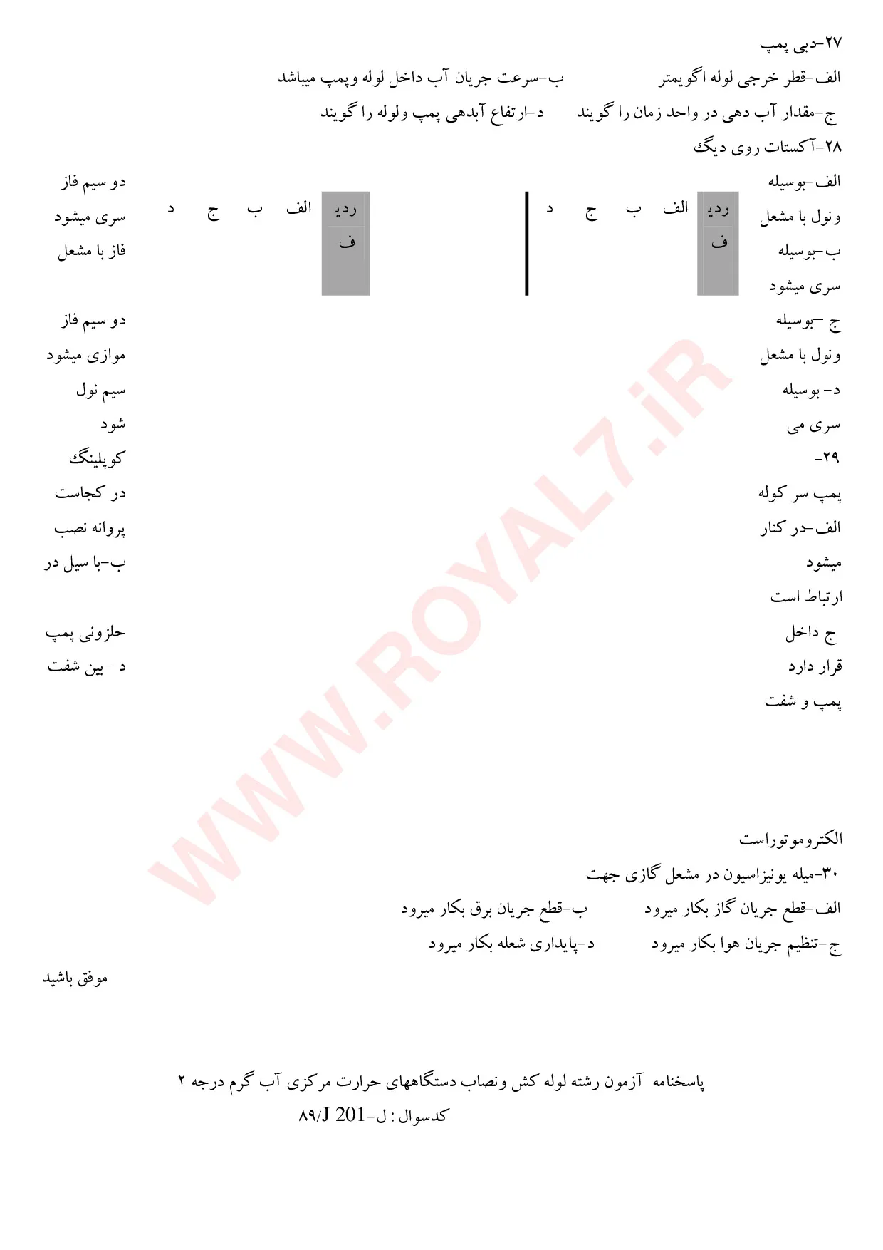 نمونه سوالات لوله کش و نصاب دستگاه های حرارت مرکزی آب گرم درجه 2 فنی حرفه ای با جواب