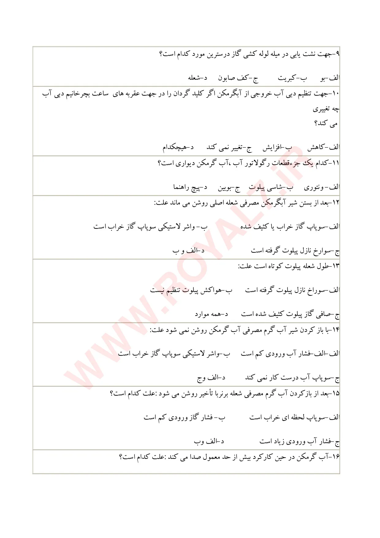 نمونه سوالات تعمیر آبگرمکن دیواری  با جواب