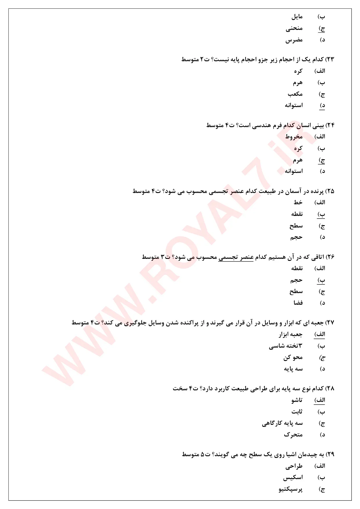 نمونه سوالات نقاش مقدماتی  با جواب